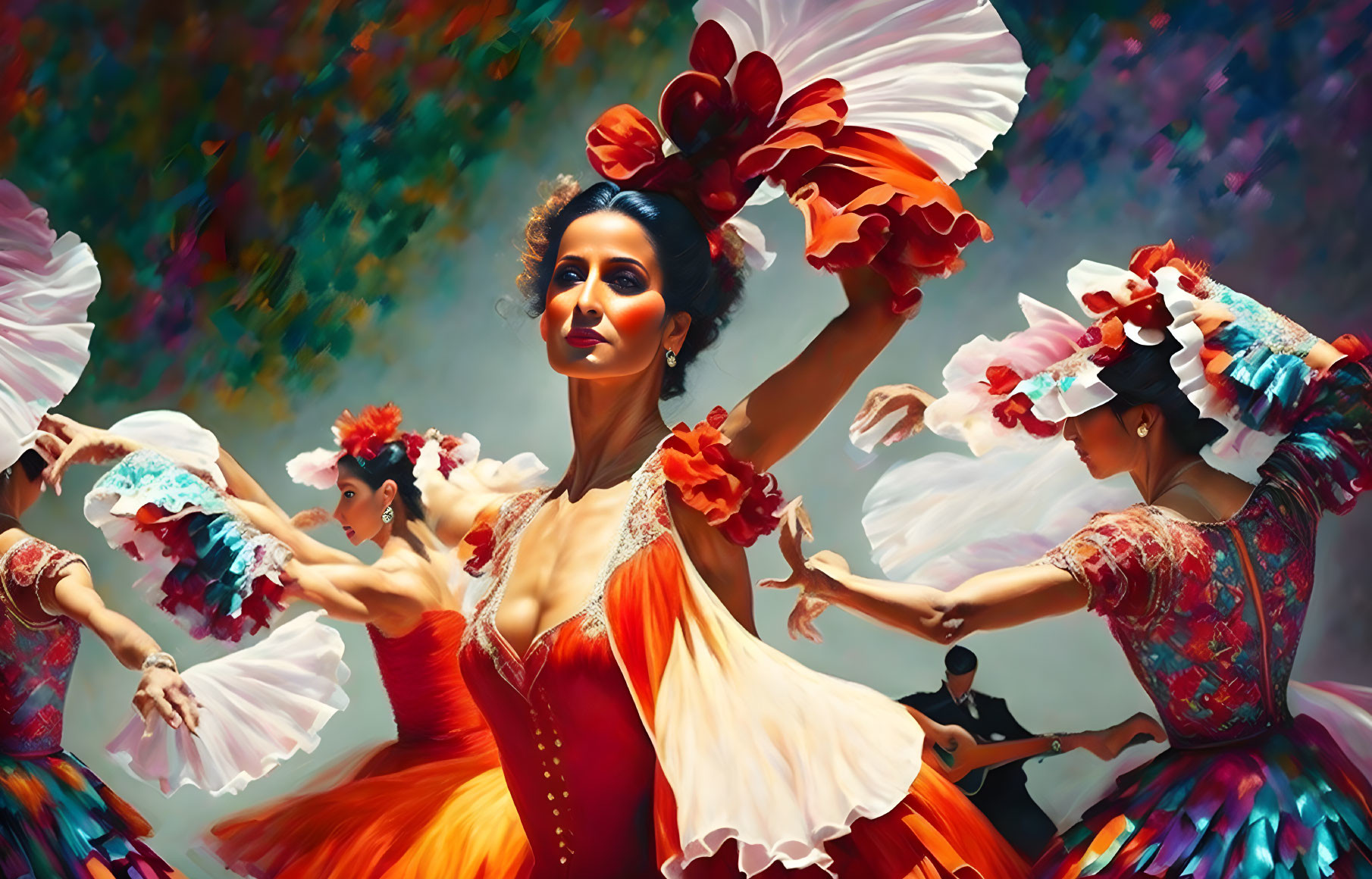 Colorful Flamenco Dance Scene with Woman in Orange Dress