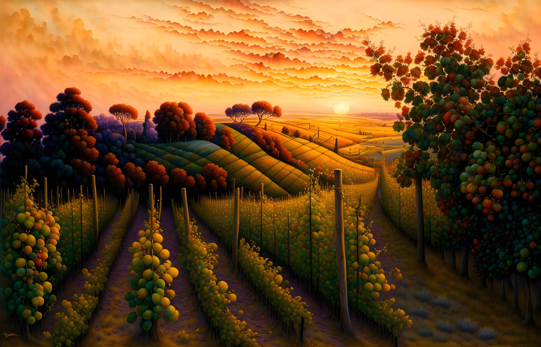 Sunset on a vineyard 