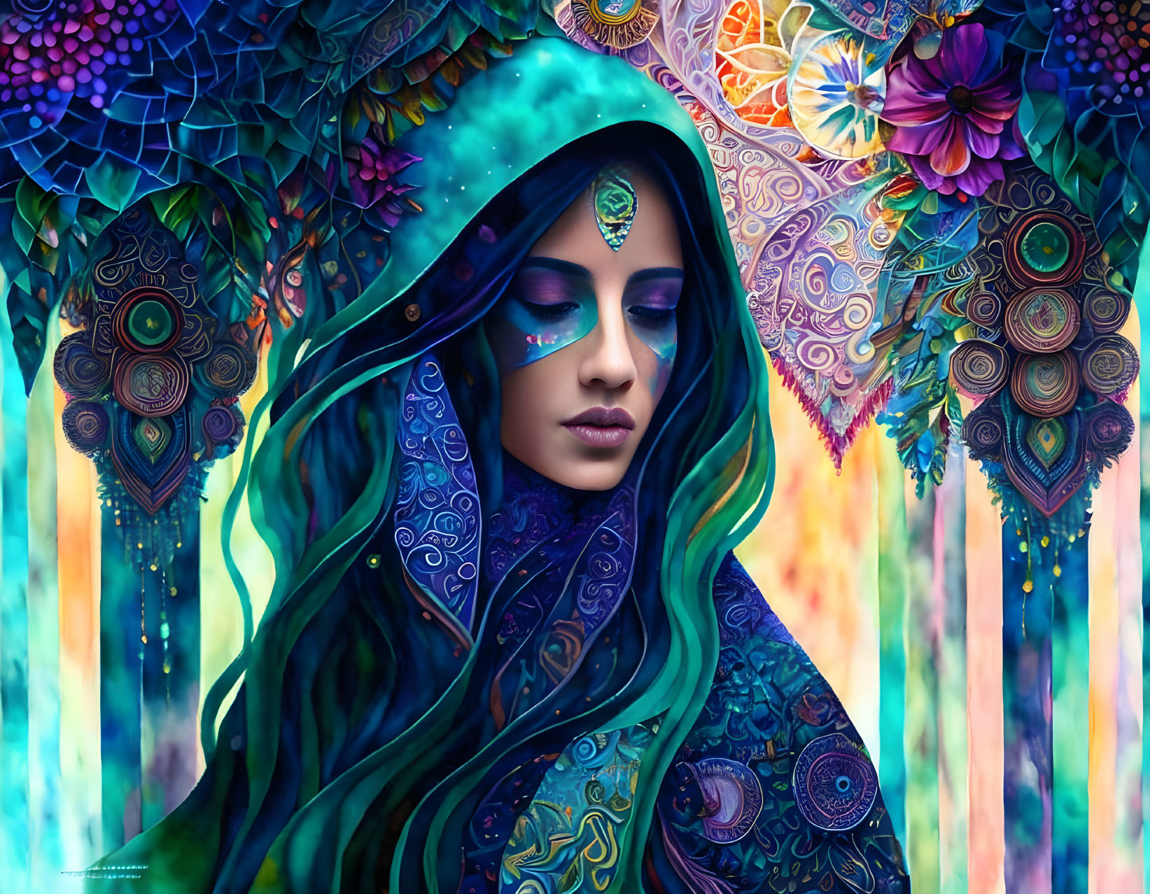 Decorative headscarf woman in vibrant, colorful setting