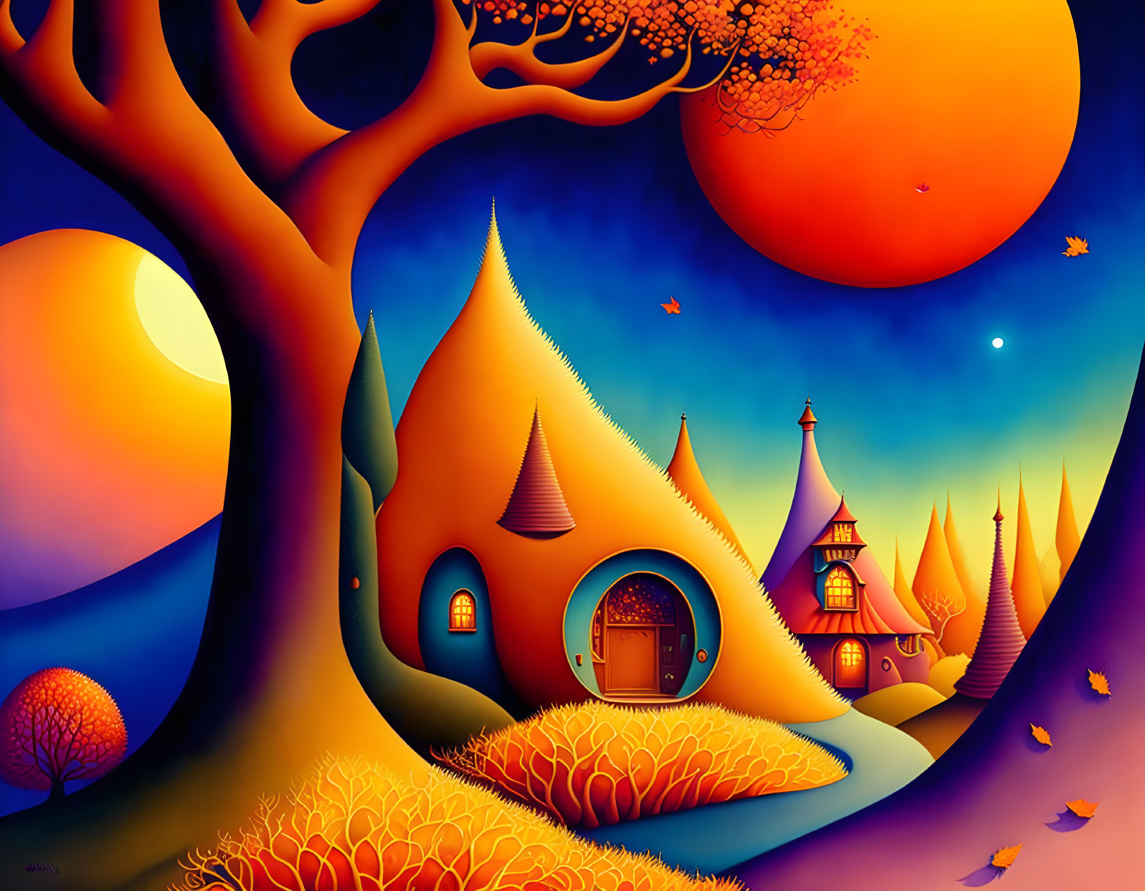 Colorful landscape with stylized houses, tree, suns, and stars.