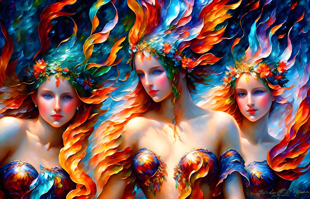 Vibrant fantasy women with fiery hair and floral crowns on colorful background