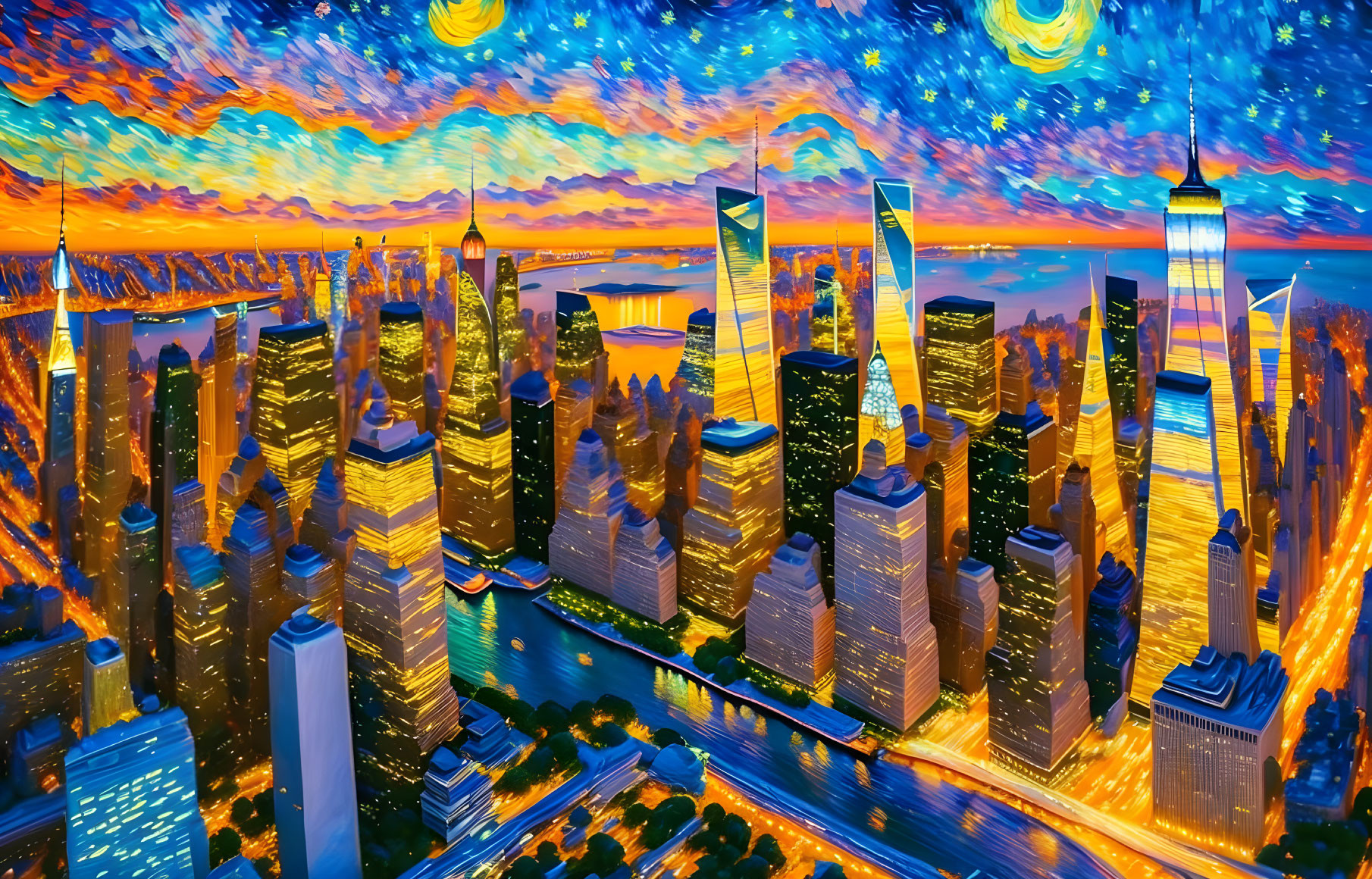 Colorful City Skyline Painting with Exaggerated Features and Swirling Sky Patterns