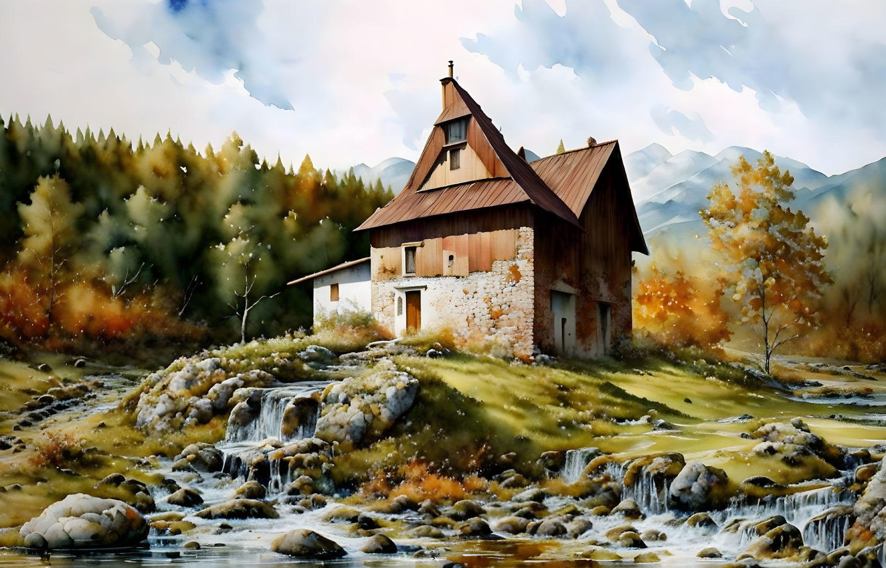 Digital Artwork: Rustic House by Stream, Autumn Trees, Mountains