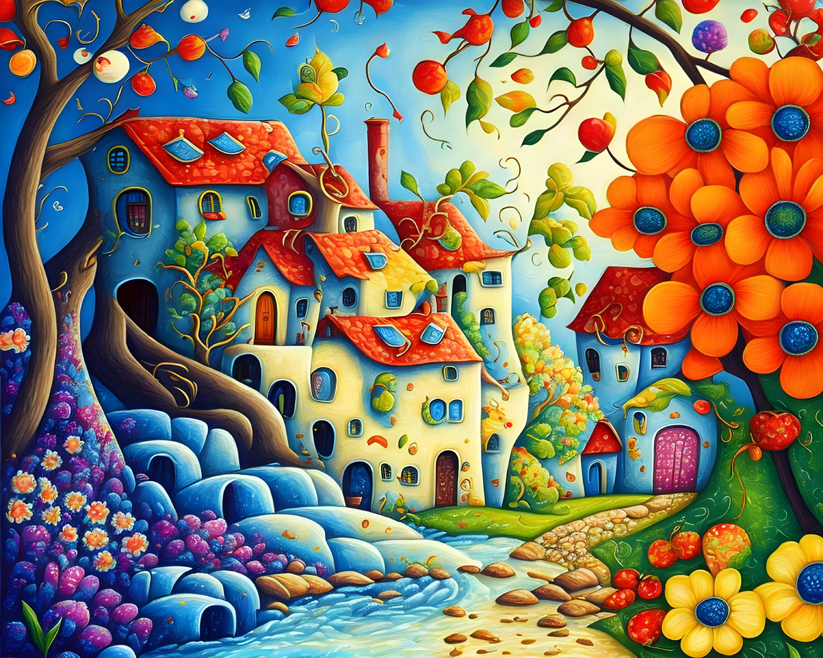 Colorful Whimsical Houses Among Flowers and Stream