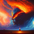 Colorful artwork: Giant face profile merges with fiery clouds above solitary figure in lightning storm