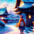 Person in winter school uniform with orange backpack in snowy Japanese village at twilight