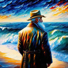 Elderly man in hat and coat gazes at ocean waves under dramatic sunset sky
