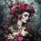 Woman with gold crown and jewelry among pink roses and dark vines symbolizes elegance and fairy tale mystique