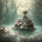 Ethereal figures in misty forest surrounded by lush flowers