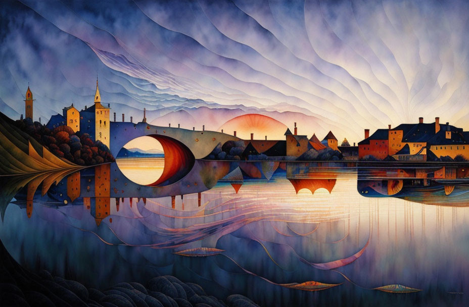 Vibrant surreal artwork of town, bridge, water, sky, and sun.
