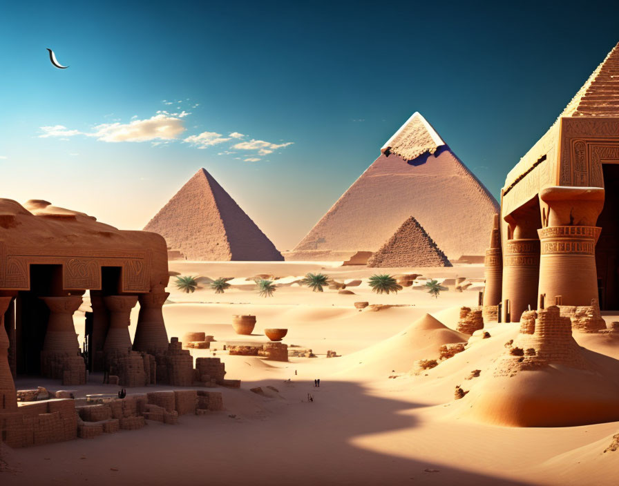 Ancient Egyptian Pyramids, Sphinx, Crescent Moon, and Desert Sands at Sunset