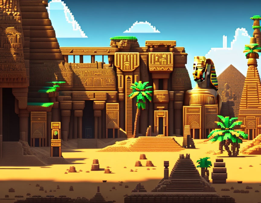 Ancient Egyptian Pyramids, Sphinx, Palm Trees, and Hieroglyphs in Pixel Art