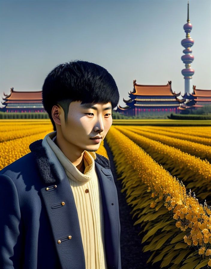 Man in Blue Coat in Yellow Field with Asian Architecture