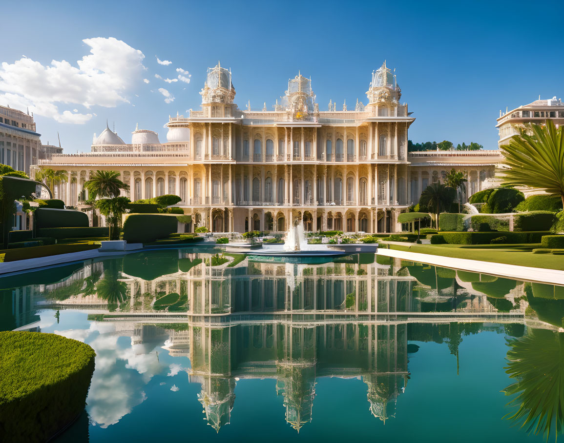 Opulent palace with ornate facades and towers reflected in tranquil pool