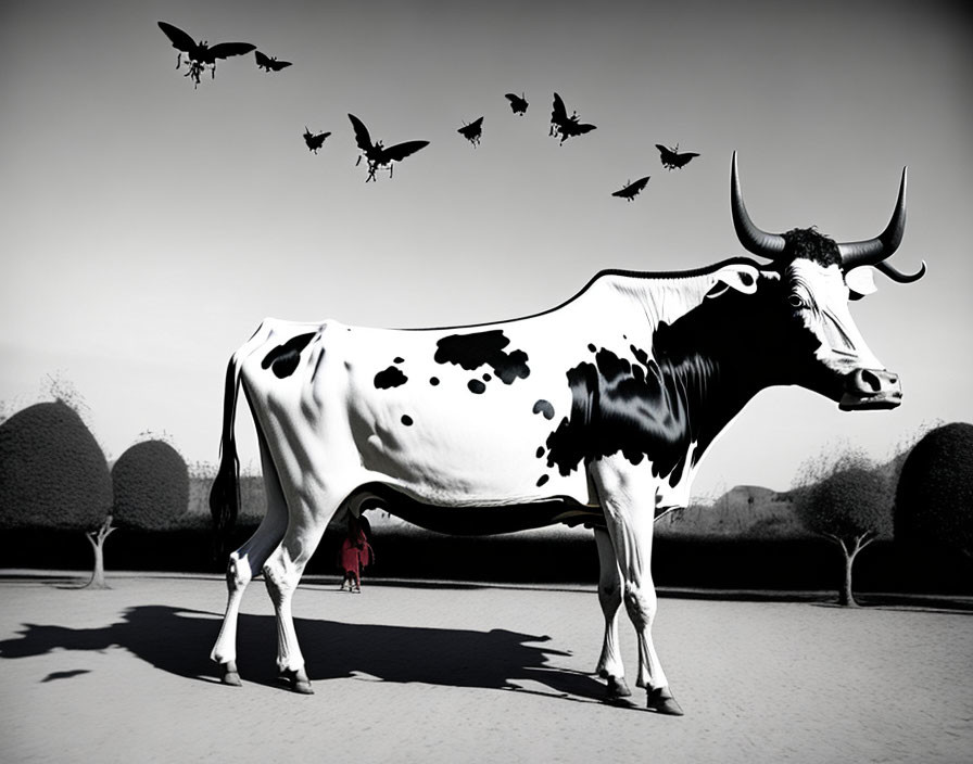 Monochrome cow in outdoor scene with birds and red figure