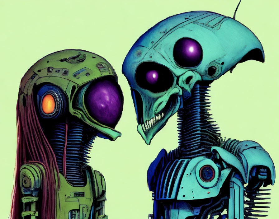 Stylized robotic human and dog skull heads with purple eyes on green background