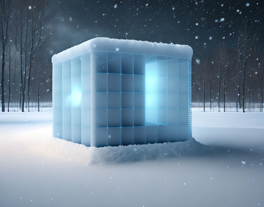 Digital image: Glowing blue ice cube in snowy landscape