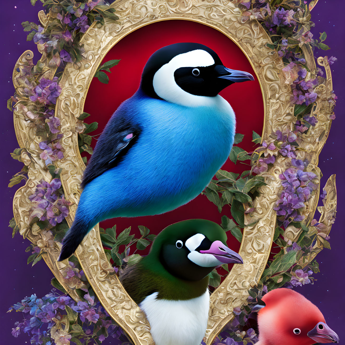 Colorful Birds Illustration in Decorative Golden Frame on Purple Background