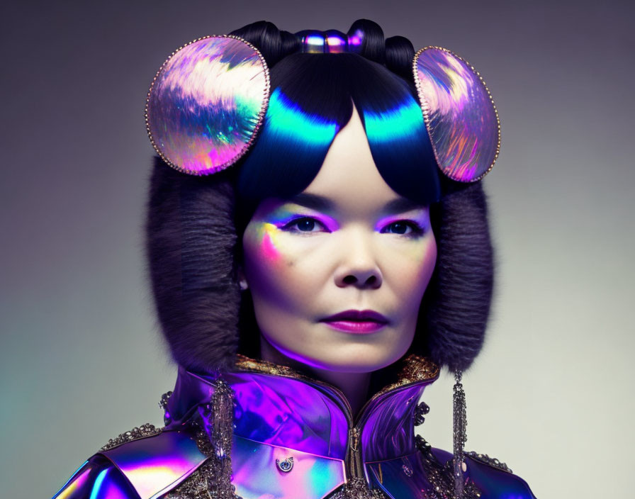 Futuristic woman in iridescent outfit with reflective headphones
