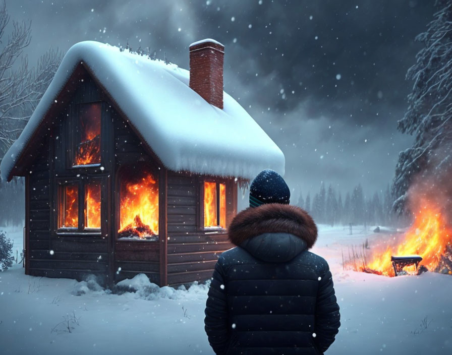Person in Winter Jacket Watches House Engulfed in Flames on Snowy Night