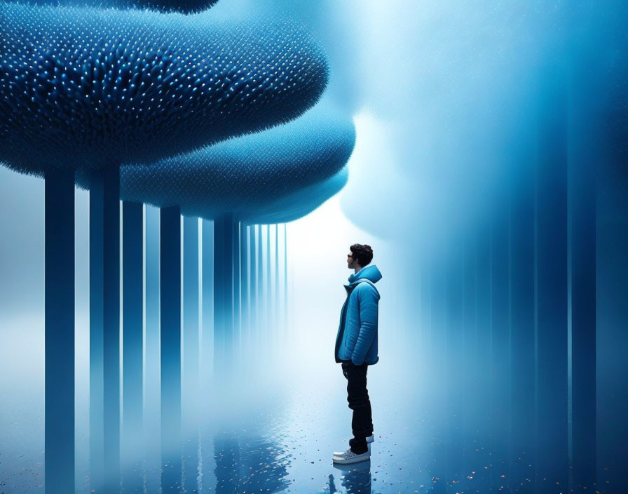 Man in Blue Jacket Observes Giant Surreal Blue Mushrooms in Mystical Landscape