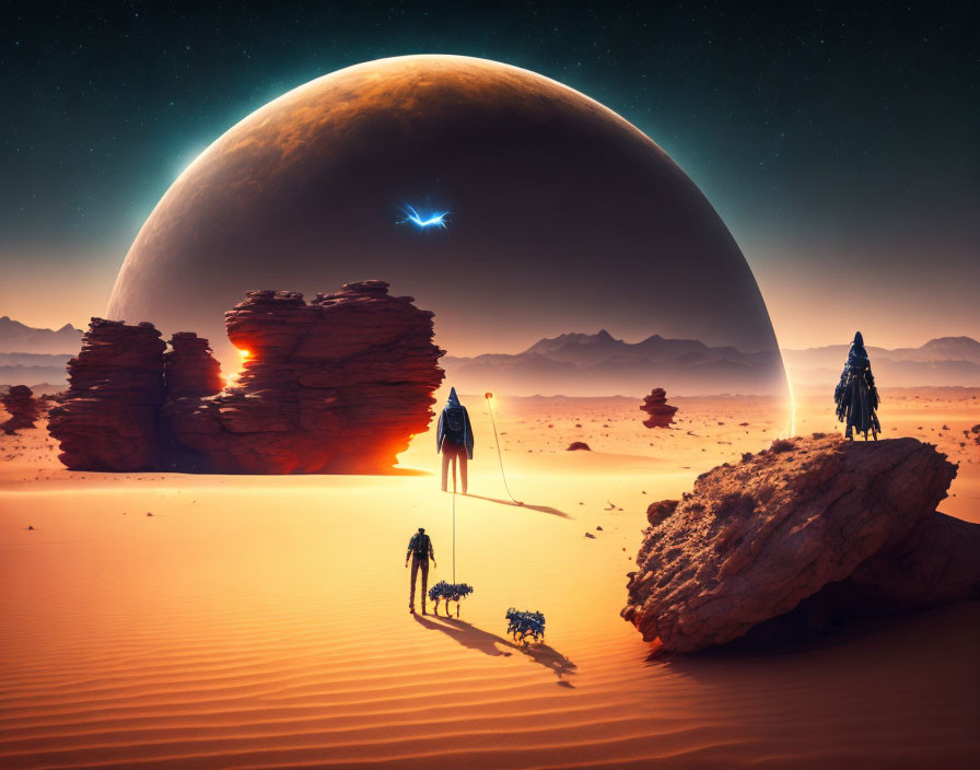 Sci-fi desert landscape with giant planet, travelers, rock formation, and futuristic craft