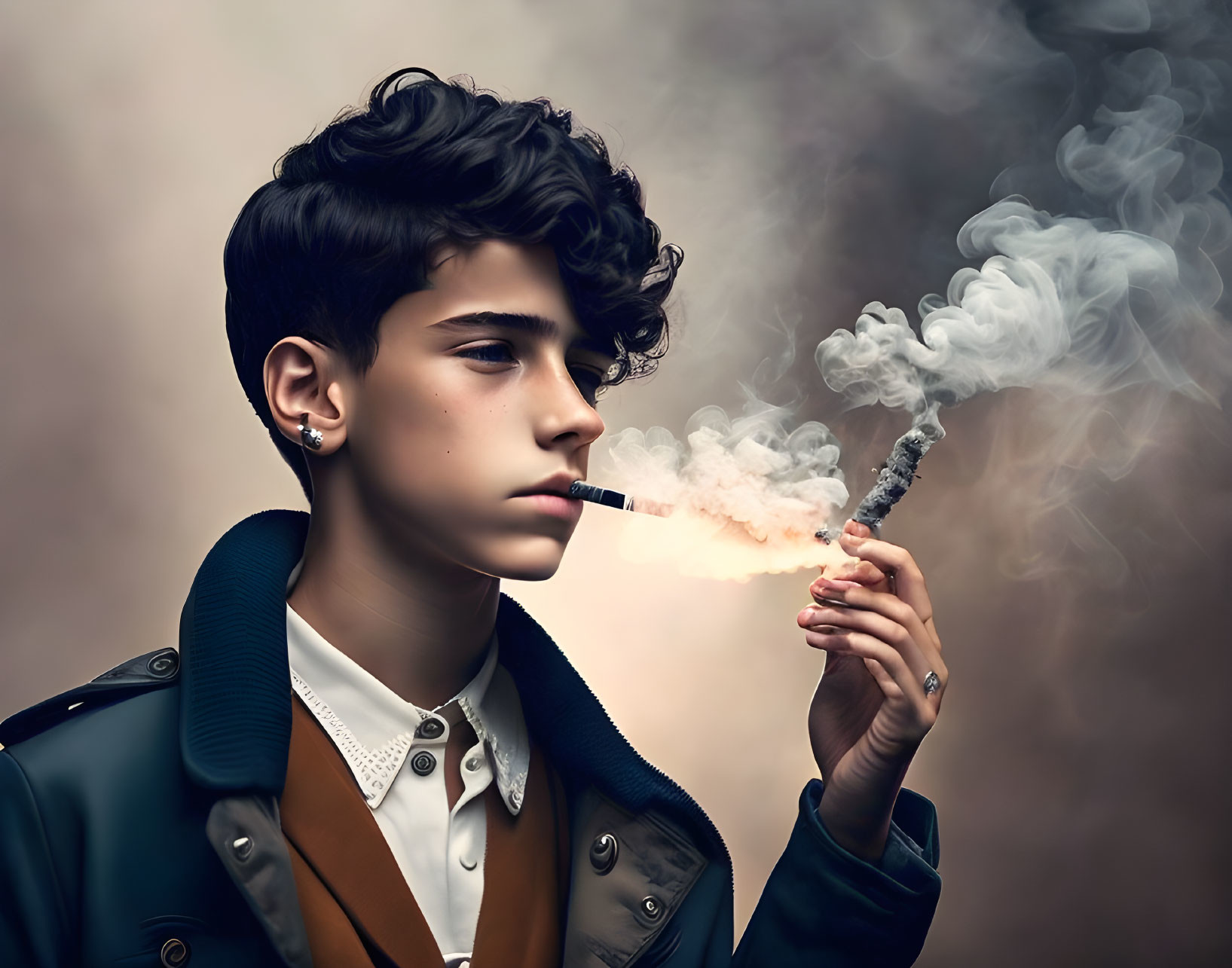 Stylized portrait of young person with curly hair and smoke swirling around.