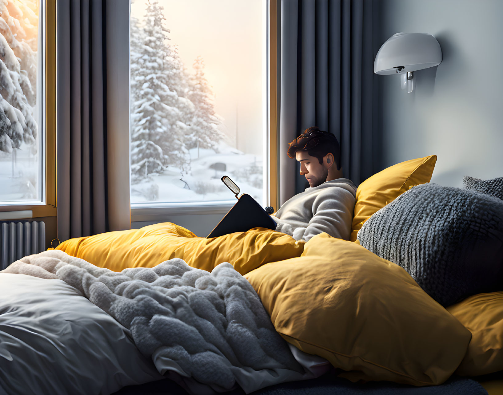 Person sitting in bed with tablet, snowy landscape visible through window
