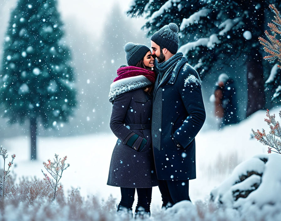 Couple Embracing in Snowy Forest with Falling Snowflakes