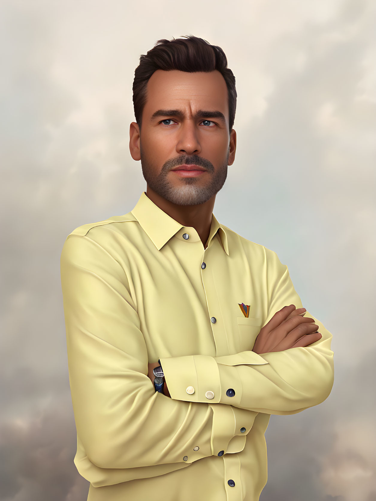 Man with Stubble in Yellow Shirt Against Cloudy Backdrop