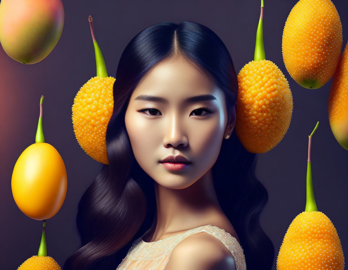 Portrait of Asian woman with long hair surrounded by floating gac fruit on brown background