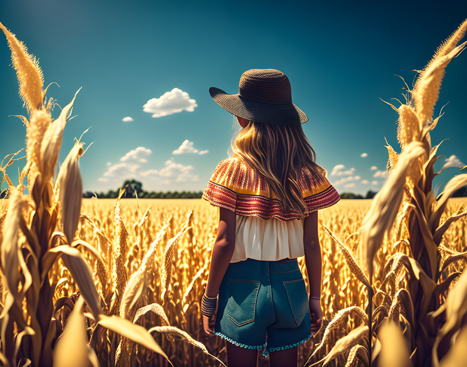 Woman in straw hat and colorful top in cornfield under clear sky