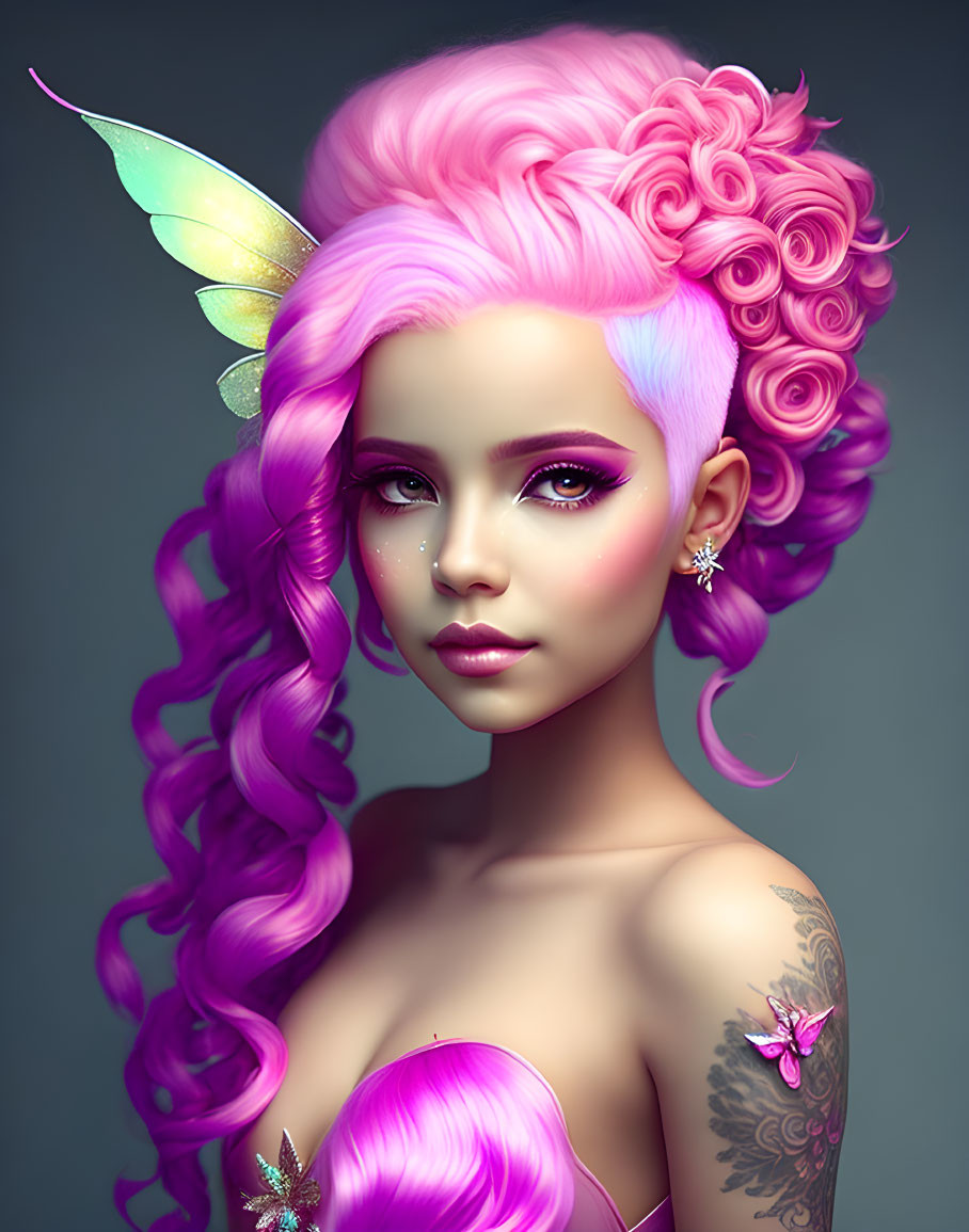 Digital Illustration: Person with Pink Curly Hair, Butterfly Wing Headpiece, Purple Eye Makeup &