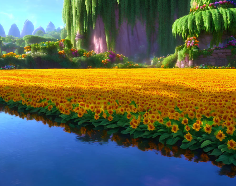 Scenic sunflower field by river with lush greenery
