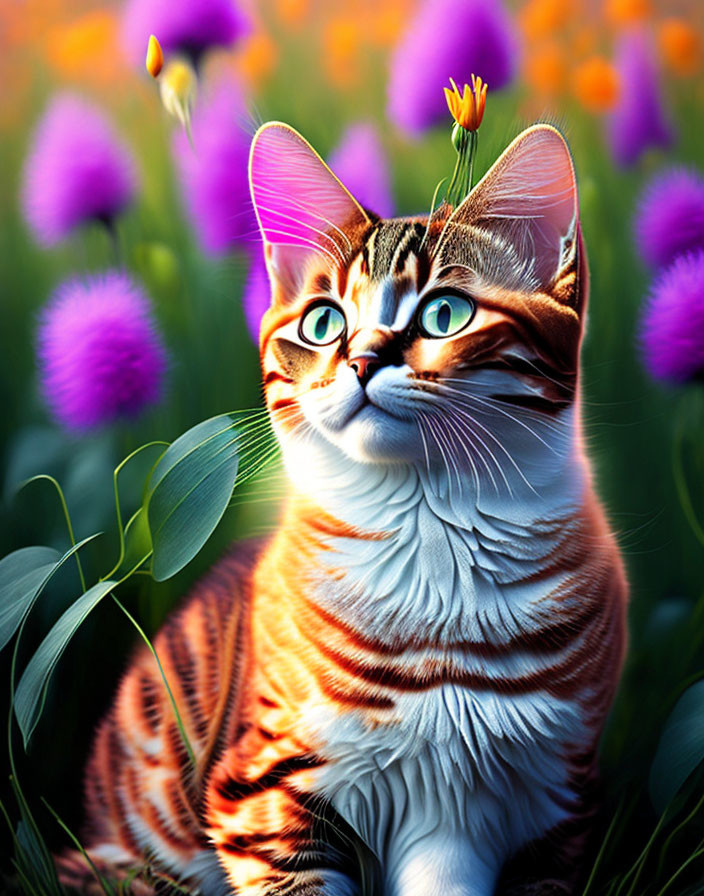 Tabby cat with blue eyes in colorful flower field