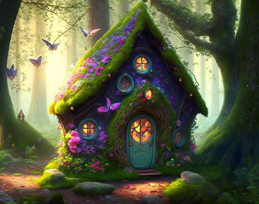 Moss-Covered Forest Cottage with Flowers and Butterflies