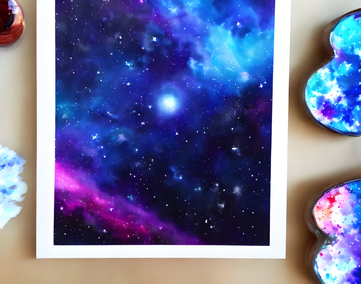Vibrant galaxy print with heart-shaped geodes and thread on surface