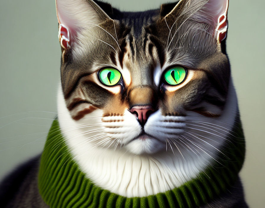 Digitally altered image: Cat with human-like face in green turtleneck sweater