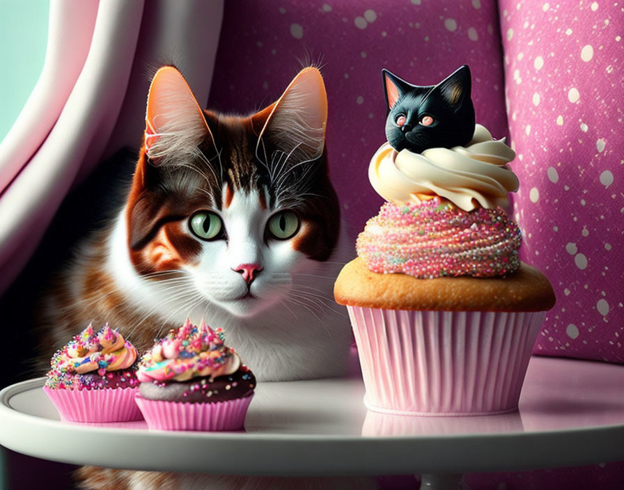 Cat with Green Eyes and Cupcake Featuring Black Cat Figurine