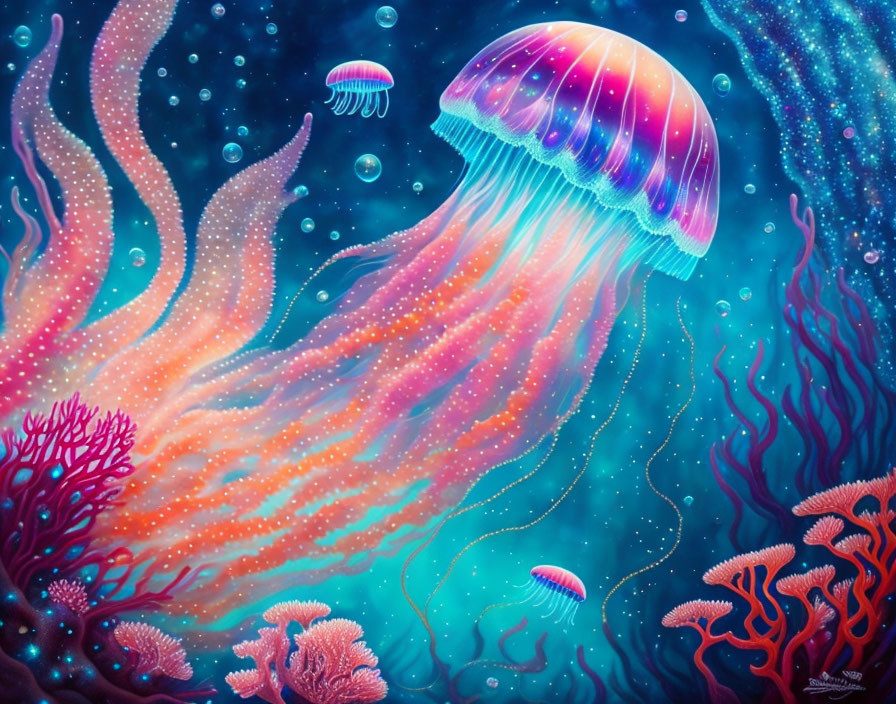 Colorful Underwater Scene with Glowing Purple Jellyfish and Coral
