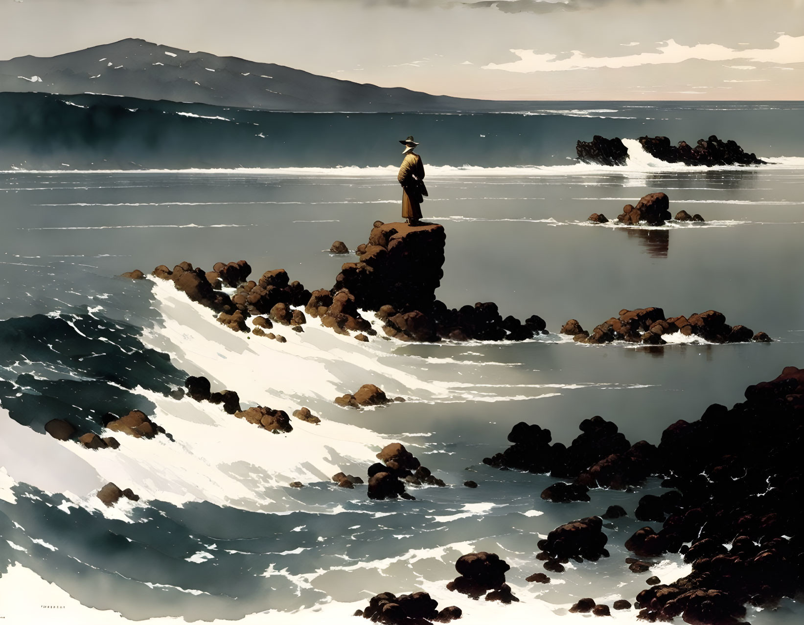 Solitary figure on rocky outcrop gazes at sea with crashing waves and distant mountain.
