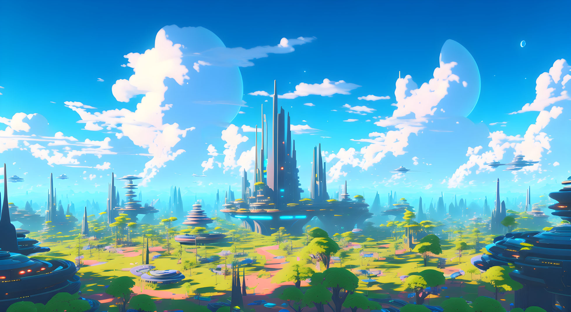 Futuristic cityscape with towering spires in lush landscape