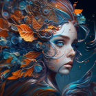 Colorful swirling leaves and splashes on vibrant headdress and attire against deep blue background