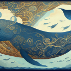 Stylized large blue whale illustration in ocean with ornate patterns and marine creatures under swirl-patterned