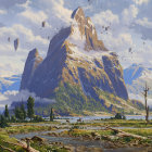 Fantastical landscape with rock spires, snow-capped mountains, and ancient trees.