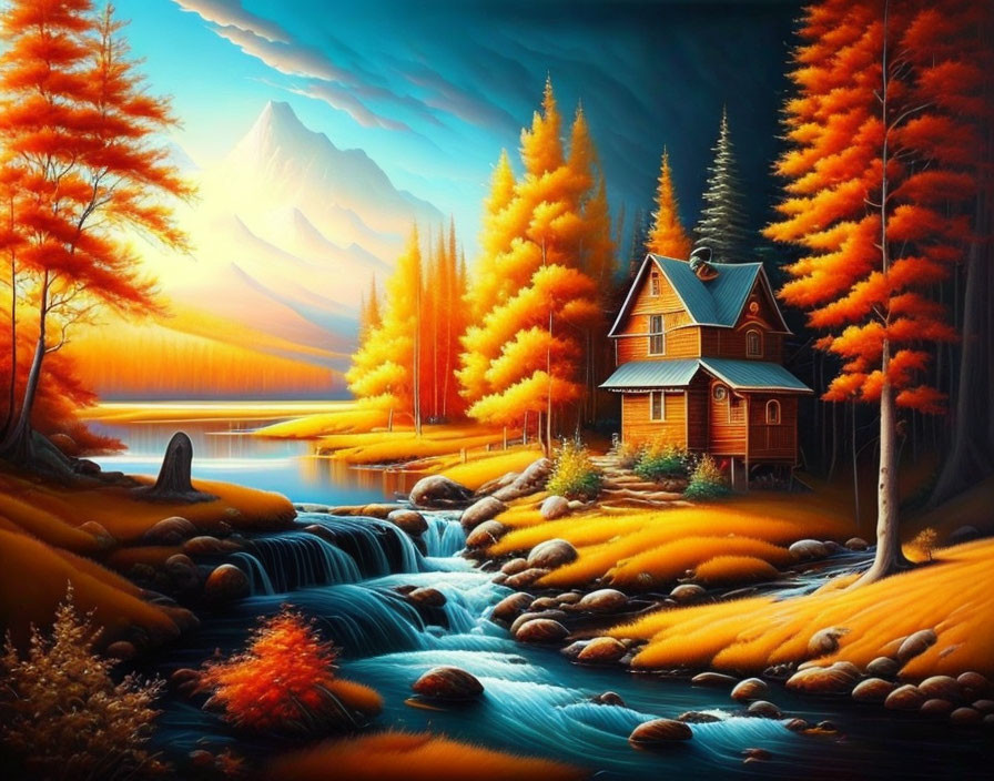 Scenic autumn landscape with wooden cabin by stream