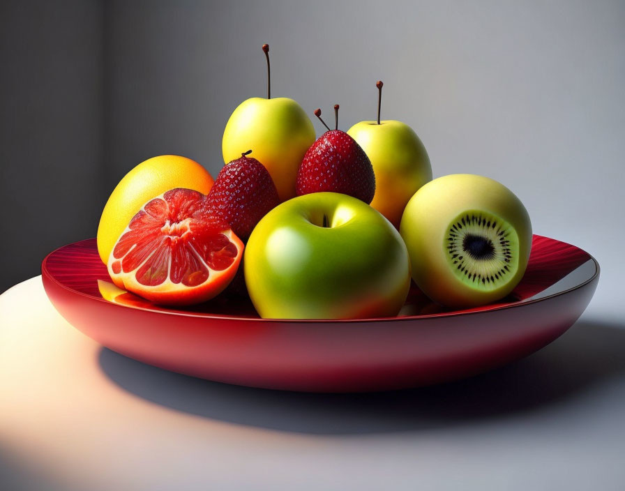 Assorted fruits bowl with apples, kiwi, and orange slice on table