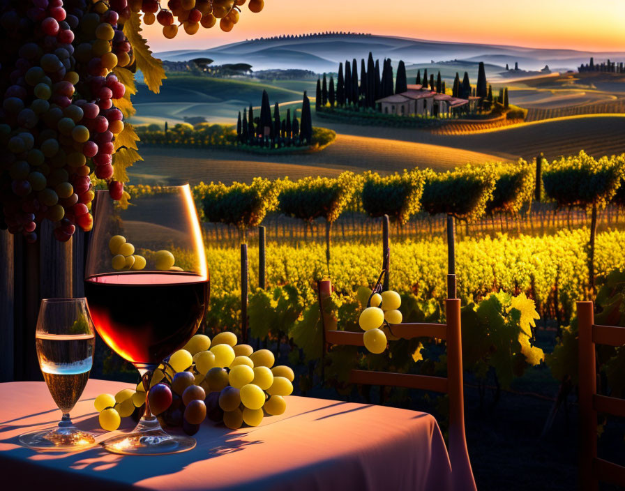 Vineyard sunset scene with red and white wine, grapes, and rolling hills