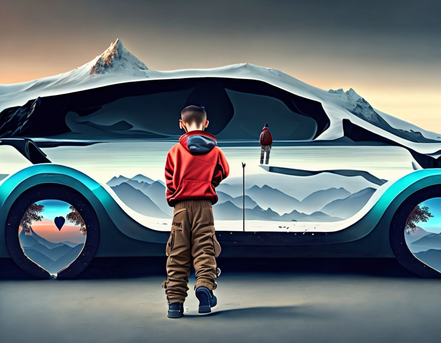 Boy in Red Hoodie Stands by Futuristic Car in Surreal Landscape