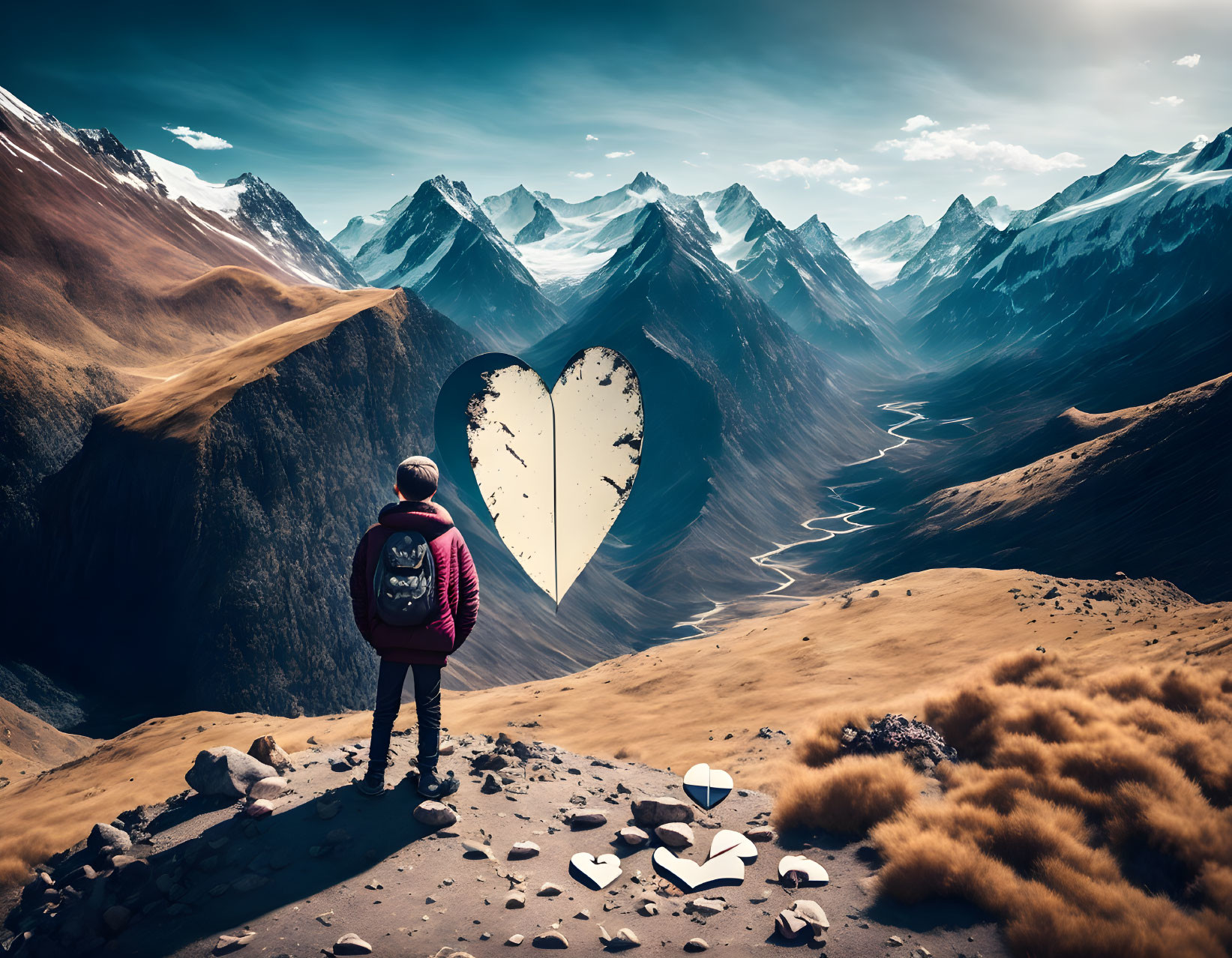 Backpacker admiring heart-shaped void in mountain landscape